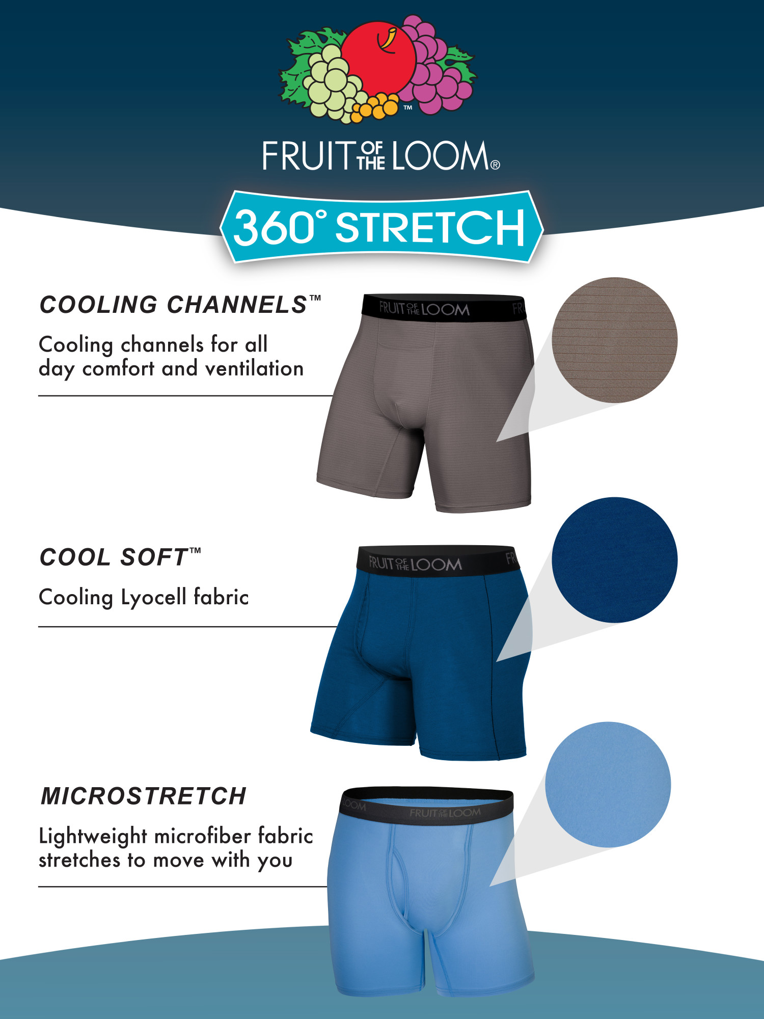 Fruit of the Loom Men's 360 Stretch Cooling Channels Boxer Briefs, 6 ...