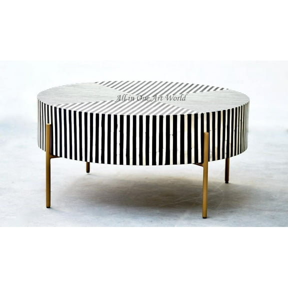 Stripe Bone Inlay coffee table black, bone inlay center table, bone inlay table,round coffee table, conversation table black