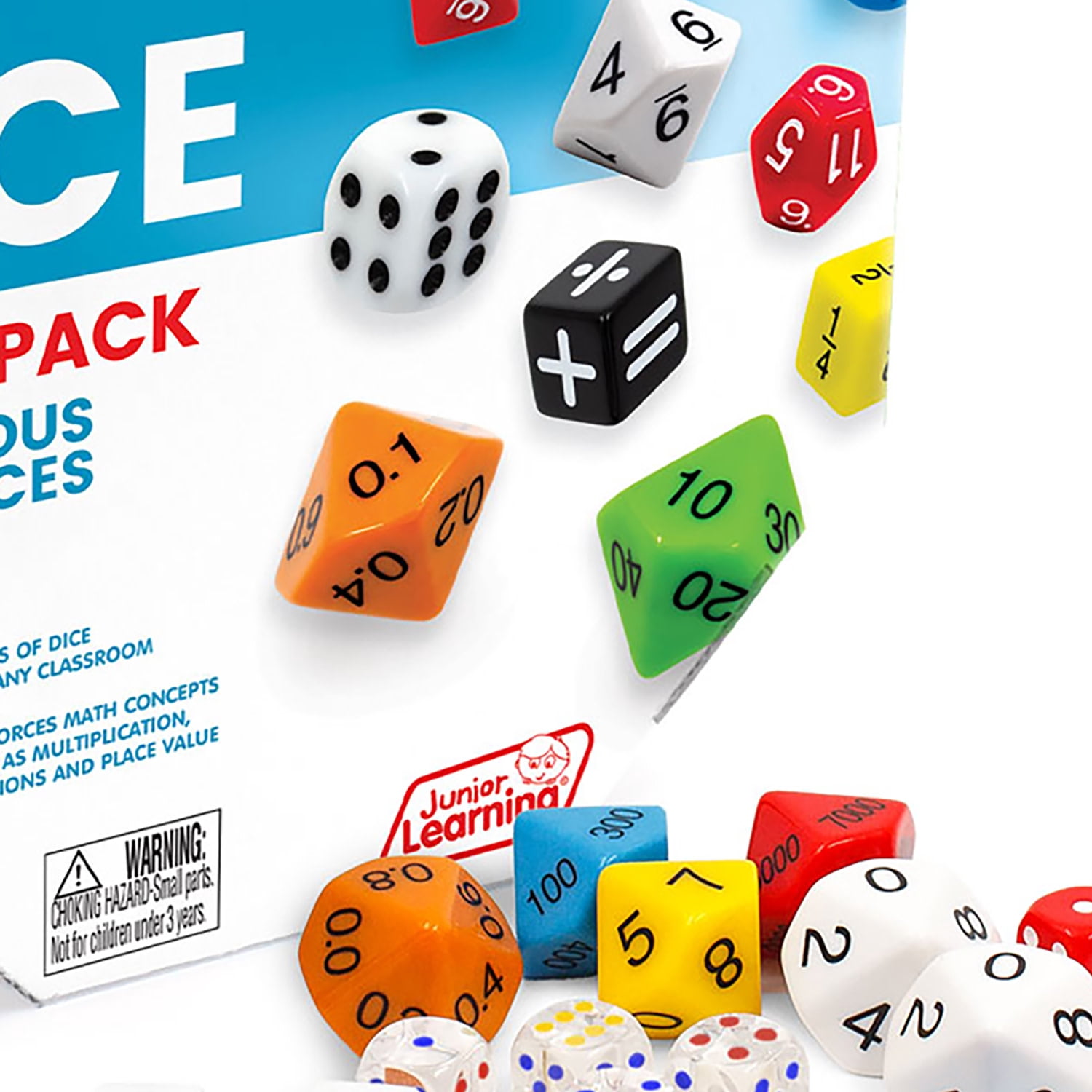 Junior Learning: Dice Multi-Pack - 150 Various Pieces - Multiple Sizes & Values, Math Concepts-Fractions-Equations, Use For Kids Play & Learning Games