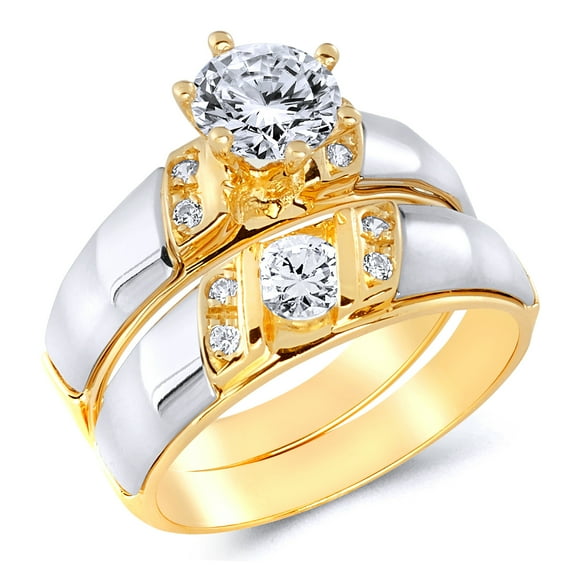 Wellingsale Ladies Solid 14k Two 2 Tone White and Yellow Gold Polished CZ Cubic Zirconia Round Cut Engagement Ring with Side Stones and Wedding Band Bridal Set - Size 4