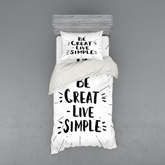Saying Duvet Cover Set, Encouraging Text Be Live Simple in Creative Monochrome Style Print, Bedding Set with Shams and Fitted Sheet, 3 Sizes, by Ambesonne