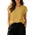 thumbnail image 2 of NTACZA Solid Tops for Women Tee Casual Cotton And Linen Classic T-Shirt Rolled Short Sleeve Crew Neck Relaxed Fit Vacation Yellow XL, 2 of 6
