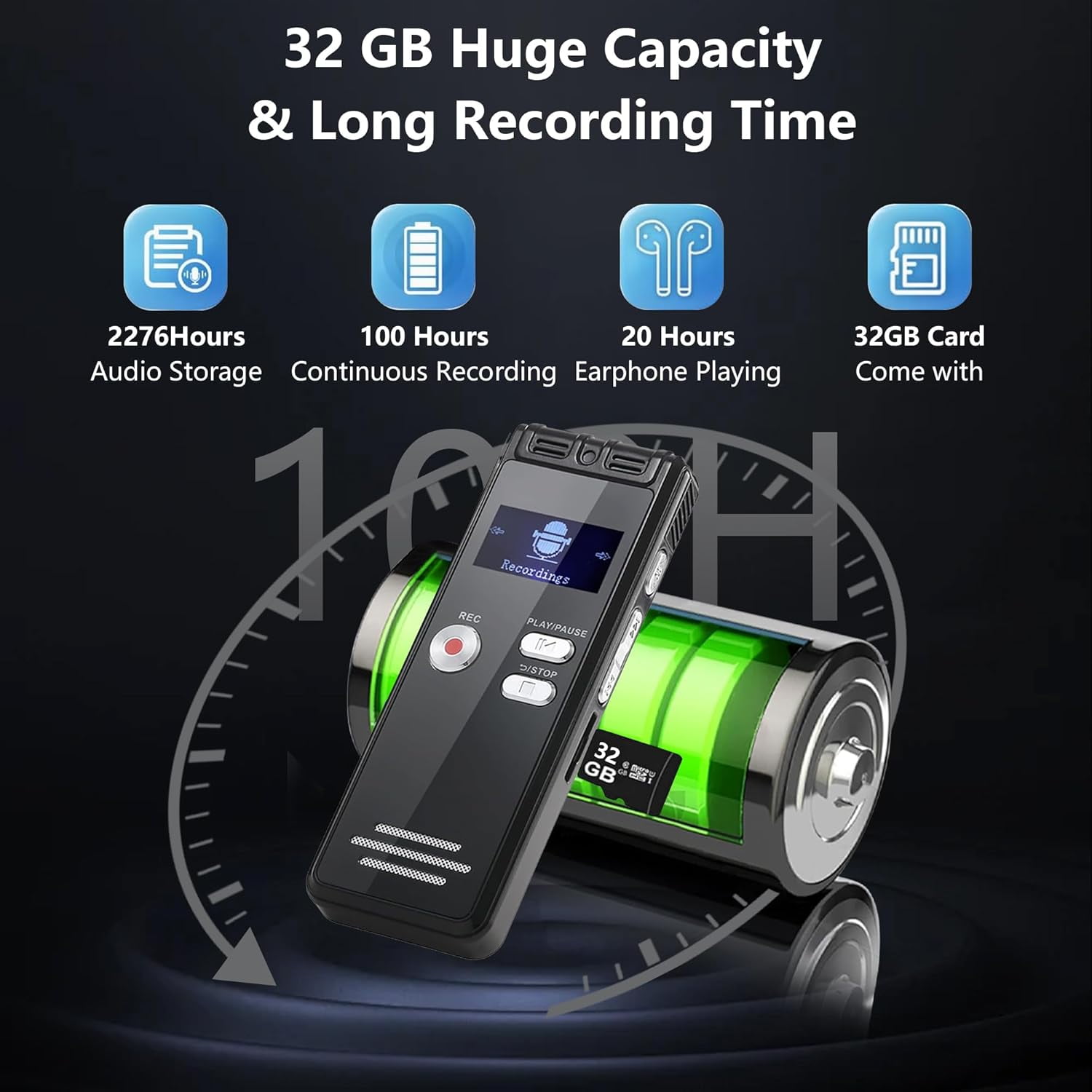 128GB Digital Voice Recorder Activated with Playback - 3072 Kbps HD Recording and Noise-Canceling Voice-Activated Recording, Audio Recording Device