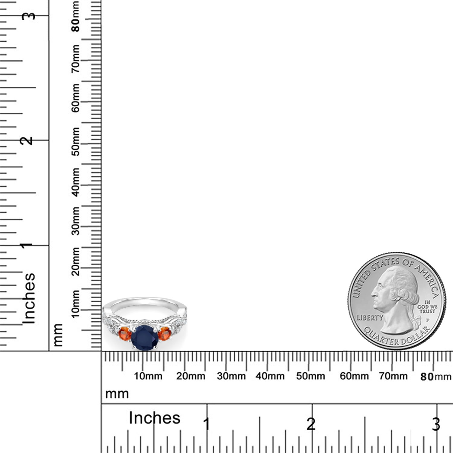 Gem Stone King 1.69 Cttw Blue Sapphire Orange Sapphire and White Moissanite Ring for Women | 925 Sterling Silver | Round 6MM and 3MM | Wedding Engagement Anniversary Promise Ring for Women | Size 8