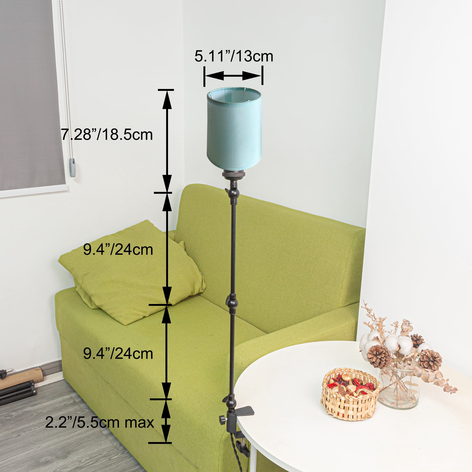 Kiven Plug-in Modern Clip-on Desk Lamp, 1-Light Nordic Nightstand Lamp with Flexible Arm, Light Blue Drum Fabric Lampshade, 8.2FT Plug in Cord, Decorative Clamp Lamp for Office Home Bookshelf Bedside