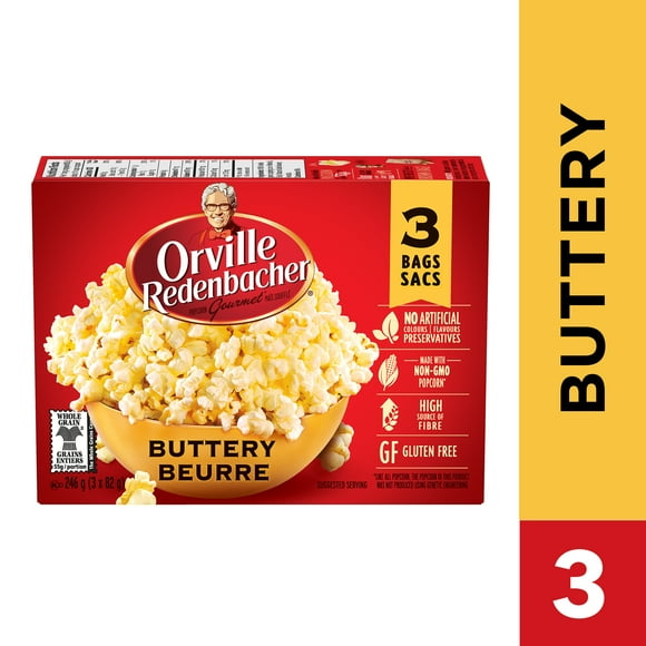 Orville Redenbacher Popcorn - Microwave Buttery (3 bags, 82g), Non-GMO, whole grain microwave popcorn with a high source of fibre and gluten free