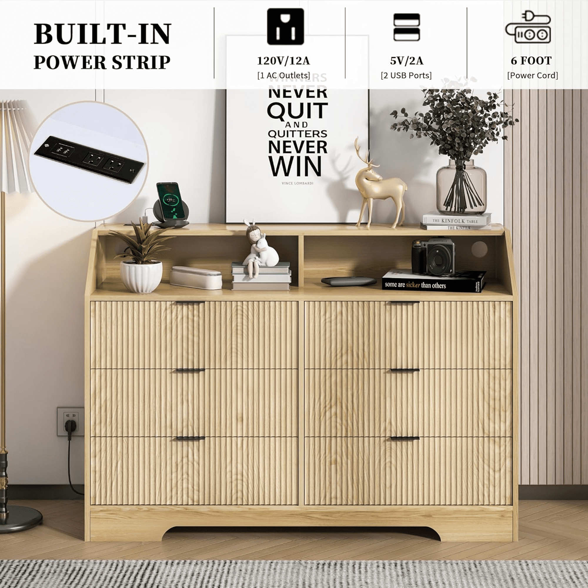 Oubayajia Modern 6 Drawer Dresser, Wood Chest of Drawers with Power Outlet for Living Room Bedroom