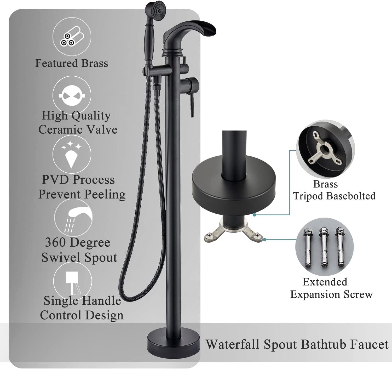 Black Floor Mount Freestanding Bathtub Shower Faucet Waterfall Tub Filler Mixer Mixer