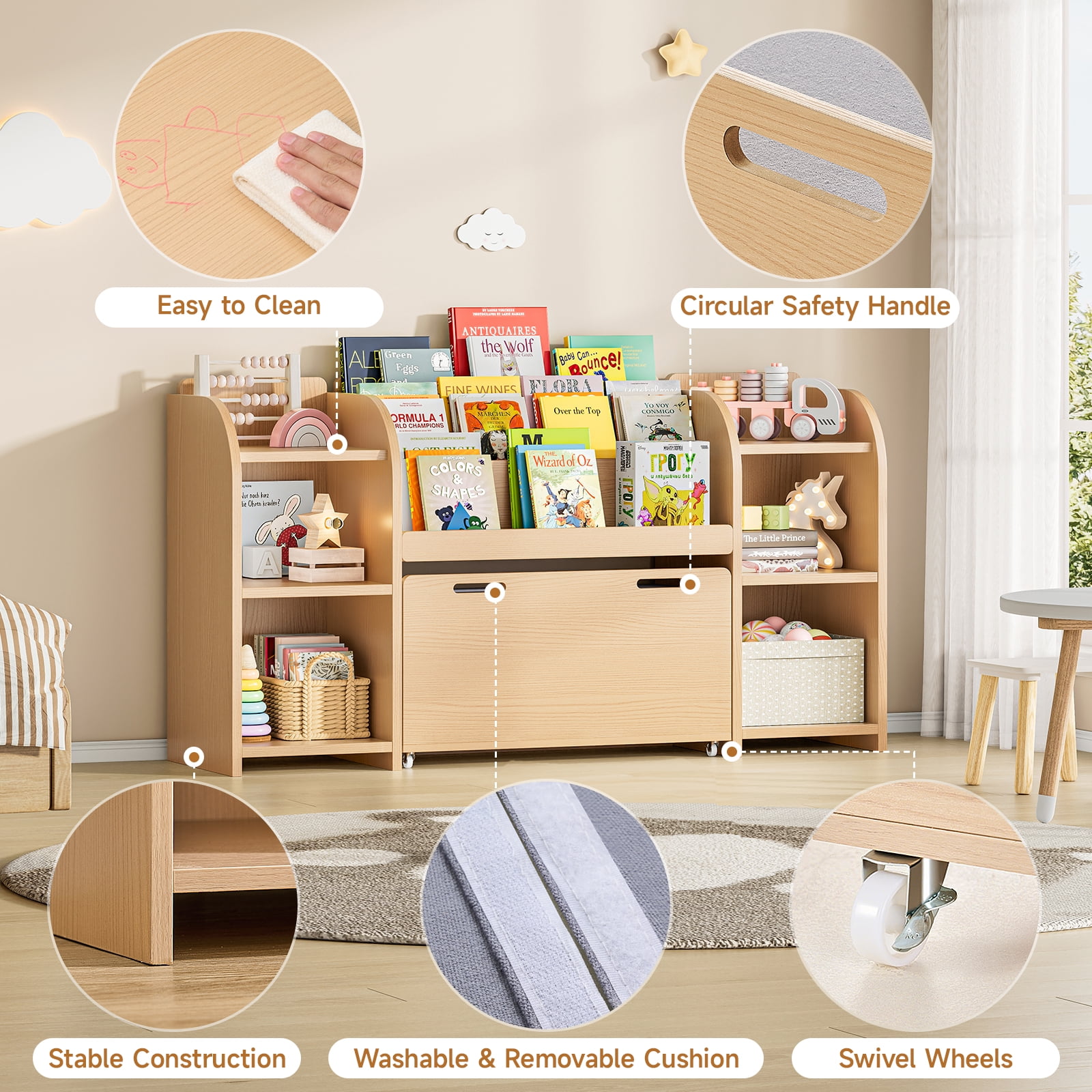 ROGALIS Kids Bookshelf with Reading Nook, 55.2" Toy Storage Organizer with Movable Bench with 3 Storage, 3-Tier Bookshelf, 6 Storage Cubbies for Bedroom, Playroom