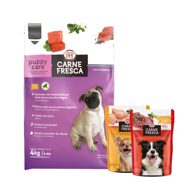 ALIMENTO PARA PERRO GRAND PET CARNE FRESCA PUPPY 4KG MÁS 2 POUCH SABOR POLLO / TERNERA Grand PET CARNE FRESCA Puppy Care Cachorro