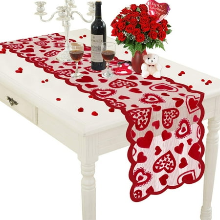 

Valentines Day Decor Table Runner - 13 x 72 Inch Red Lace Table Runner for Wedding Party Valentines Decorations - Valentines Day Decor Home Romantic Decorations Heart Shaped Table Runner