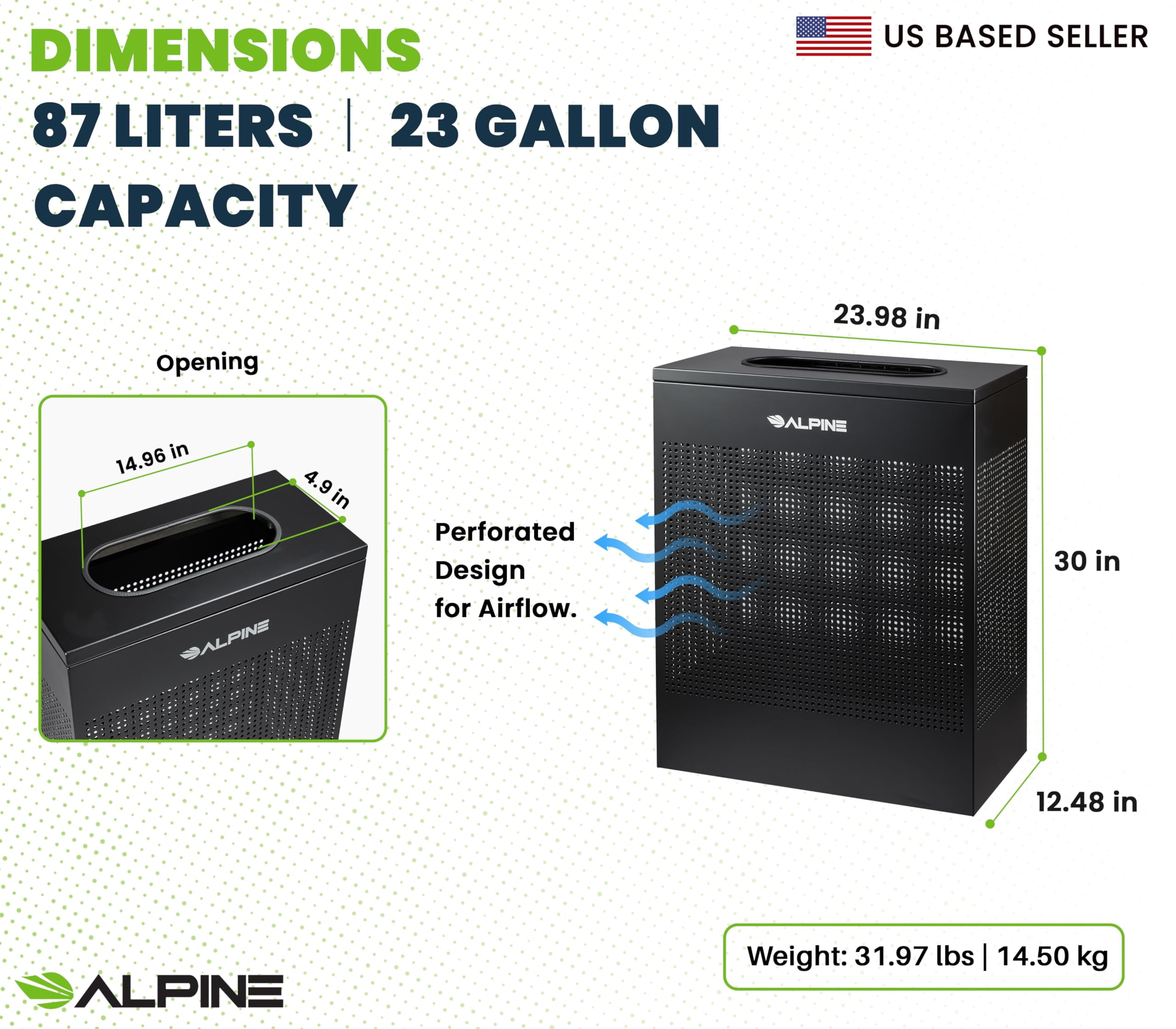 Alpine Black Commercial Trash Can - Large Perforated 23 Gallon Trash Can Open Top, Modern Metal Heavy Duty Garbage Can for Indoor & Outdoor in Office