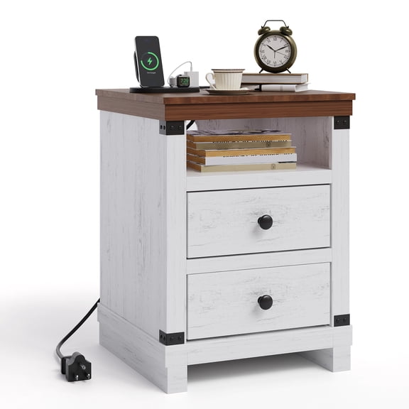 Accreate Modern Farmhouse Nightstand with Charging Station, 2 Drawer Rustic Bedside Table with USB Ports & Outlets, Nightstand with Open Shelf for Bedroom, Living Room