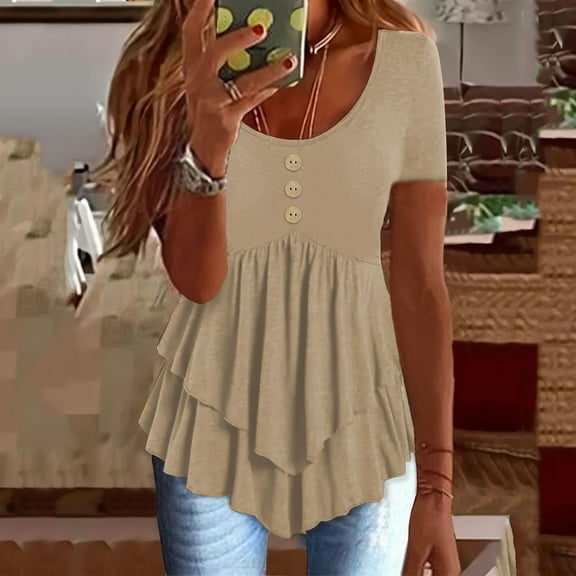 HOMBOM Summer Women Tops Khaki Pleated Solid Layered Hem Crew Neck Short Sleeve Blouse XL