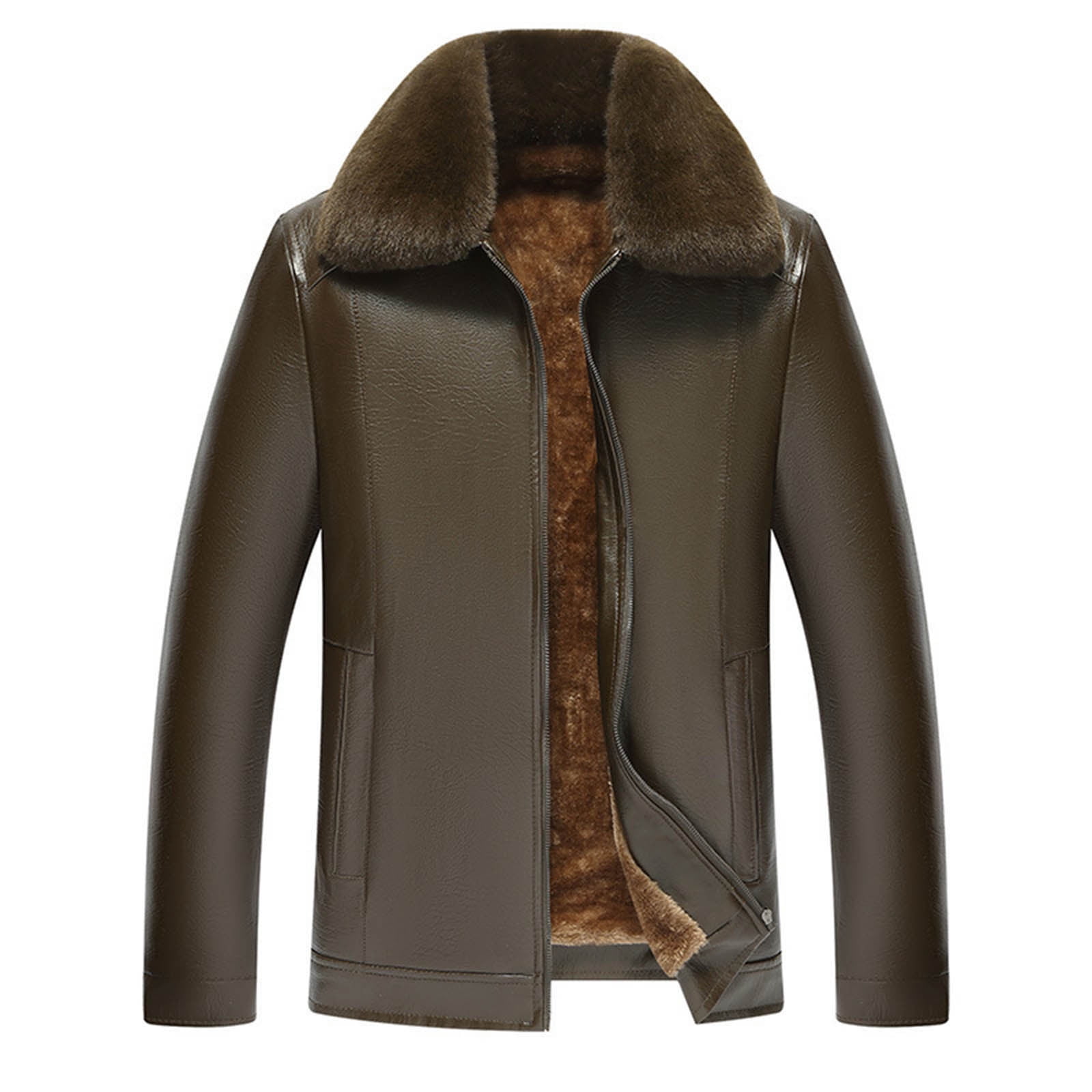 RongHuan Faux Leather Jacket for Men Fleece Full Zip Coats with Faux Fur Collar Fashion Winter Jackets Warm Long Sleeve Overcoat