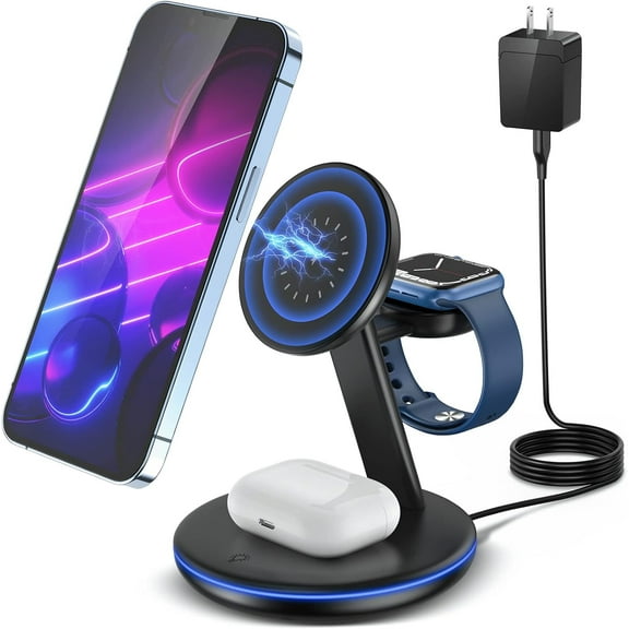 3 in 1 Charging Station for Apple Devices,Fast Mag-Safe Charger Stand,Magnetic Wireless Charger for iPhone 16 15 14 13 12 Series & Apple Watch 10 9 8 7 6 5 4 3 2 SE & Airpods 4 3 2 Pro