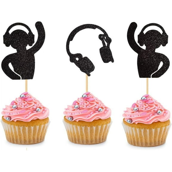 12pcs DJ Earphone Disco Cupcake Topper for Music Theme Party Birthday Party Wedding Baby Shower Party Black Glitter Cake Decorations Picks Supplies