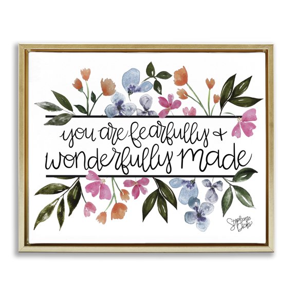 Stupell Industries Farmhouse Fearfully & Wonderfully Made Floral Gold Floating Frame Canvas Art, 21 x 17, by Stephanie Dicks