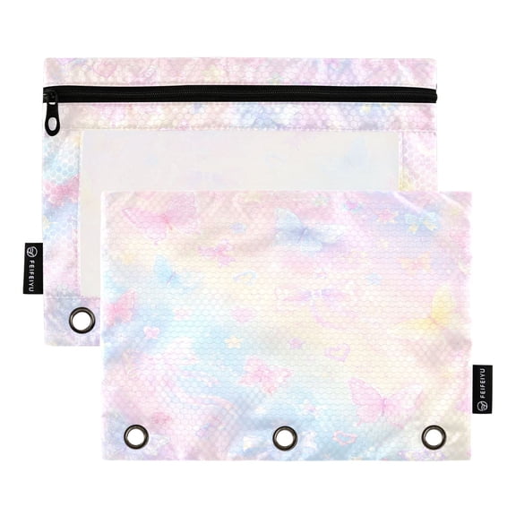 2 Pack 3 Ring Binder Pouch with Clear PVC Window Water Resistant Zipper Pencil Pouch Dreamy Pink Blue Ribbon Print Binder Pocket for Classroom Office Home Stationery Organization