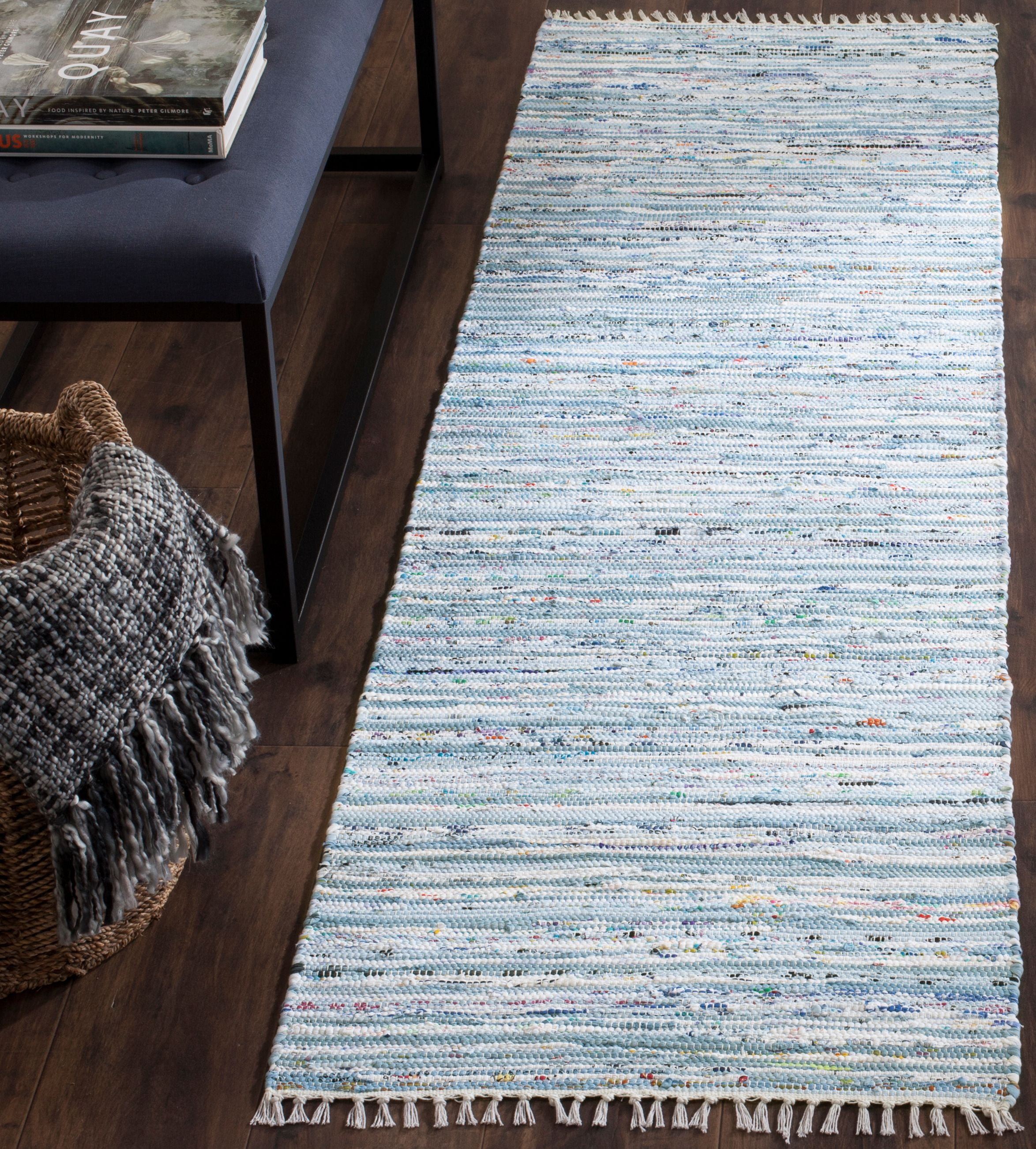 SAFAVIEH Rag Skylar Striped Cotton Runner Rug, Light Blue/Multi, 2'6" x