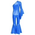 thumbnail image 2 of YONGHS Girls Shiny Metallic One Shoulder Flare Sleeve Wide Leg Bell Bottom Gymnastics Jumpsuit Royal Blue 8, 2 of 5