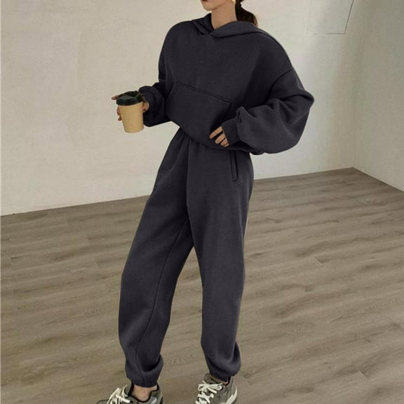 Jacenvly Womens Hoodies Solid Soft Comfortable Sweatshirt Sets Hooded Pocket Tops Elastic Waisted Sweatpants Loose Casual 2-Piece Sets Black