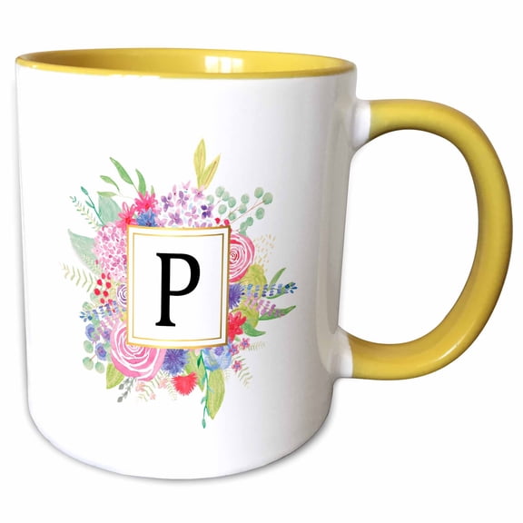 3drose, Floral Letter P Watercolor Pink Flowers Monogram Personal Initial P, 15oz Two-tone Yellow Mug