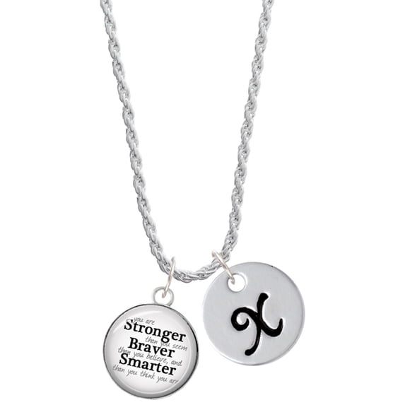 Delight Jewelry Silvertone Domed Stronger Braver Smarter Silvertone Script Initial Disc - X - Charm Necklace, 20"+3"