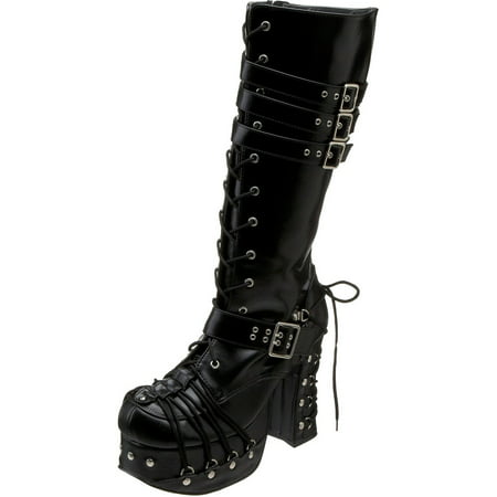 Womens Black Gothic Boots 4 1/2 Inch Chunky Heel Lace Up Boots Buckle Straps
