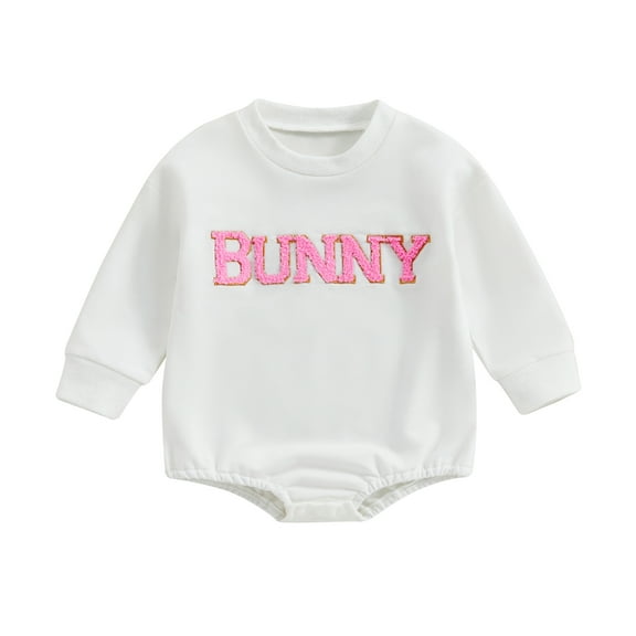 Bagilaanoe Newborn Baby Girl Easter Romper Sweatshirt Long Sleeve Bodysuits Letter Embroidery Pullover 3M 6M 12M 18M Infant Casual Tee Tops