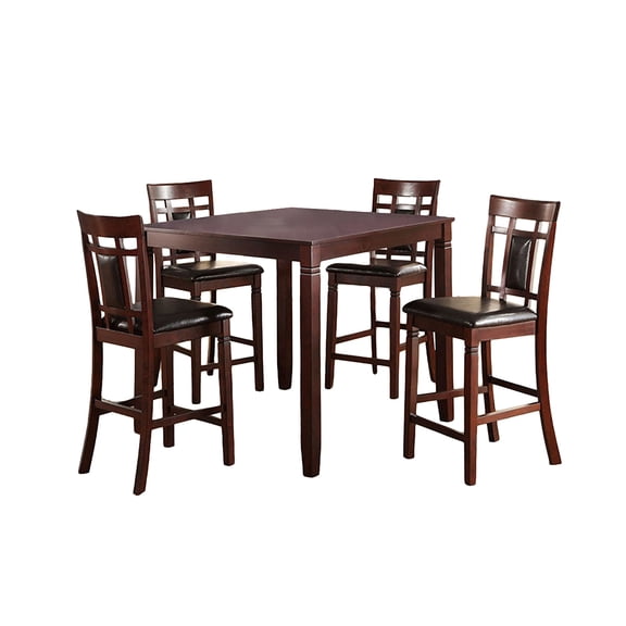 Counter Height Dining Set, 5 Piece Square Table and 4 Upholstered Faux Leather Chairs, Rubber Wood and Particle Board, Dark Brown, 42" x 42" x 36"H, for Kitchen and Dining Room
