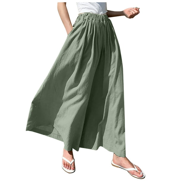 Women's Casual Elastic Waist Pants Comfy Cotton Linen Wide Leg Palazzo  Pants Loose Fit Pants