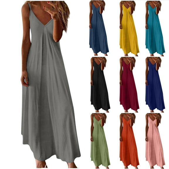 Zpanxa Women's Sleeveless Solid V Neck Slip Dress Bodycon Evening Party Long Dress