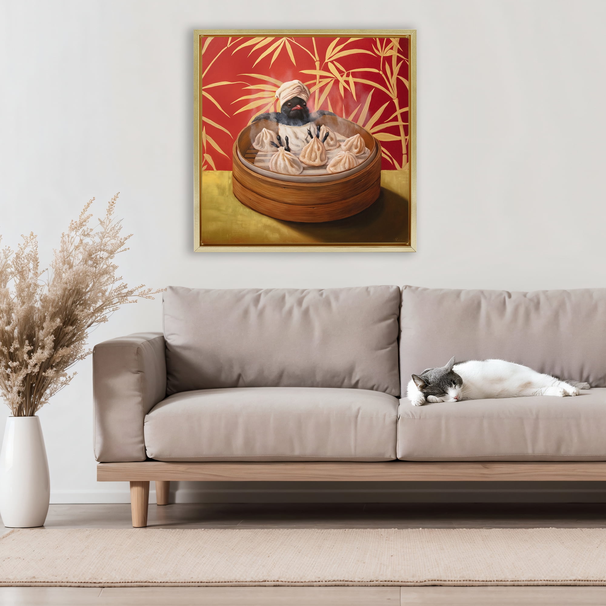 Bamboo Steamer Bird Gold Framed Floater Canvas Wall Art, design by Lucia Heffernan