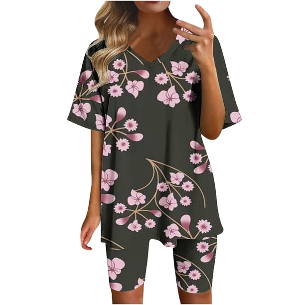 Blusas para las Mujeres Casual Impreso Cuello en V Manga Corta Blusa Pantalones Cortos, Conjuntos de Ropa para las Mujeres