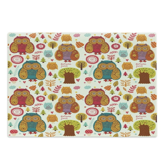 Fall Cutting Board, Vintage Ornate Large Eyed Nocturnal Animal Owls on the Background Print, Decorative Tempered Glass Cutting and Serving Board, Large Size, Multicolor, by Ambesonne