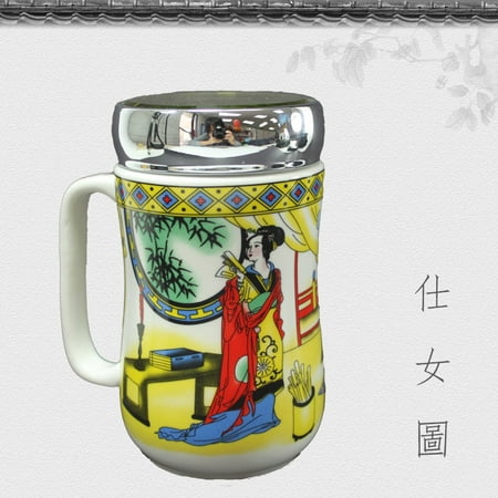 仕女圖 Ceramic Tea Cup Porcelain Coffee Mug for Latte Espresso Mocha Green Black Tea Classic Asian Beauty Design w Lid 12