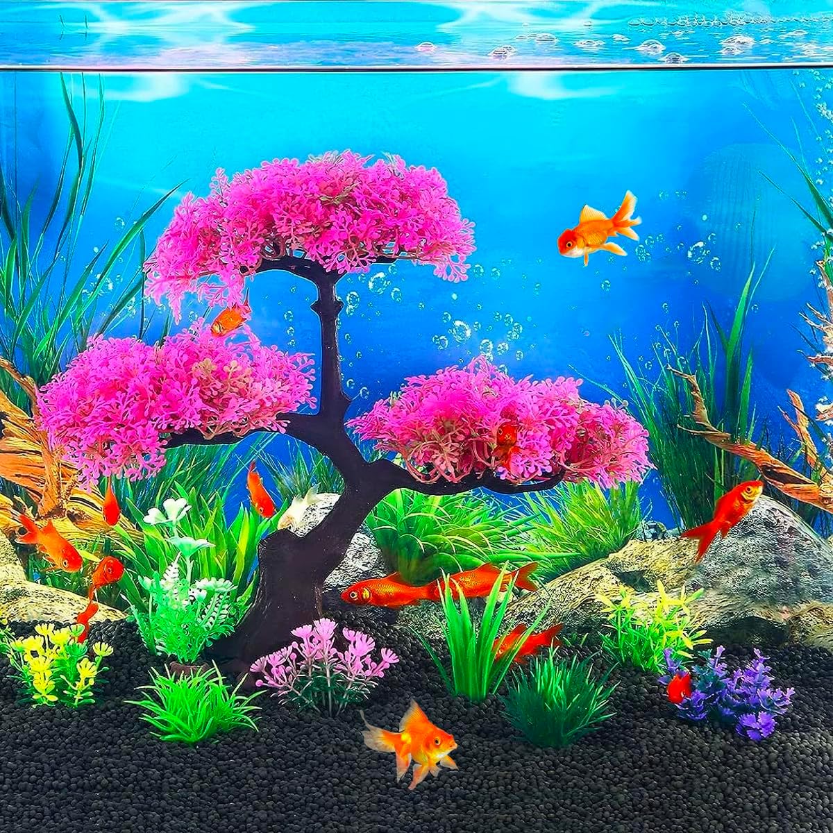 Artificial Aquarium Plants, Fish Tank Decorations, Cherry Blossom Simulation Aquatic Grass Plastic Grass Pine Tree Combination