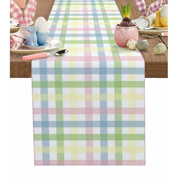 Table Runner Dresser Scarves 70 Inch Long,Spring Easter Buffalo Plaid Stripe Linen Dining Table Runners Colorful Lattice Checker Tabletop Scarf for Wedding Holiday Party Kitchen