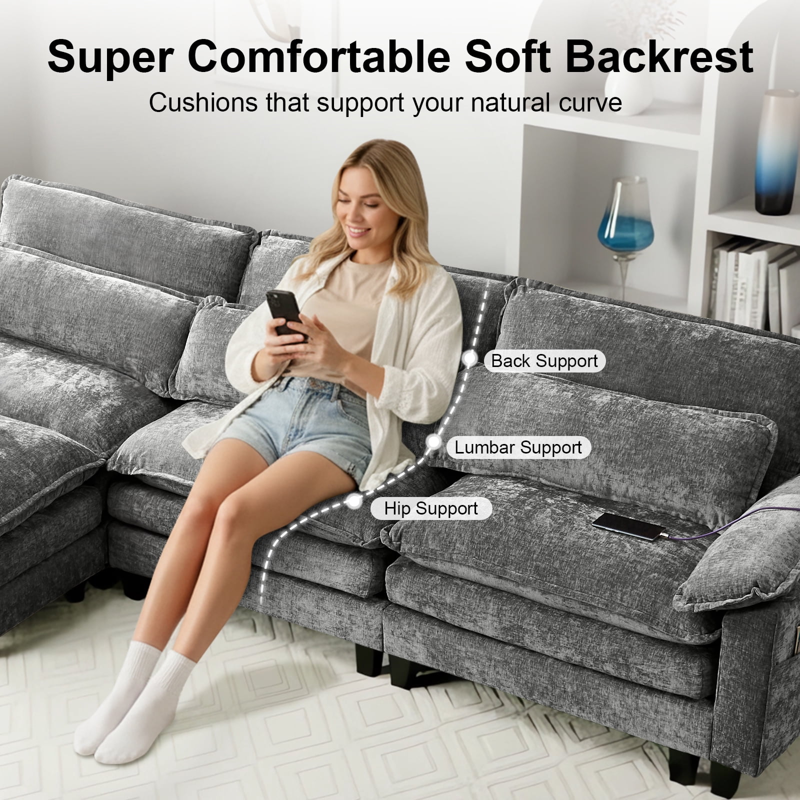 113'' Modular Sectional Sofa,L Shaped Couch with Movable Ottoman, Convertible Sectional Couches with Deep Seat, 3 Seat for Living Room Comfy Cloud Sofa with USB Side Pockets & Charging, (Grey)