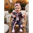 thumbnail image 4 of RUINIXCW Newborn Baby Girl Halloween Outfit Fall Winter Clothes Footed Romper Funny Ghost Pumpkin Print Long Sleeve Zip Up Footie Jumpsuit with Headband, 4 of 9