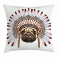 thumbnail image 1 of Pug Throw Pillow Cushion Cover, Portrait of a Dog as a Native with War Bonnet Hand Drawn Illustration of Fun Animals, Decorative Square Accent Pillow Case, 24 X 24 Inches, Red Black Tan, by Ambesonne, 1 of 2