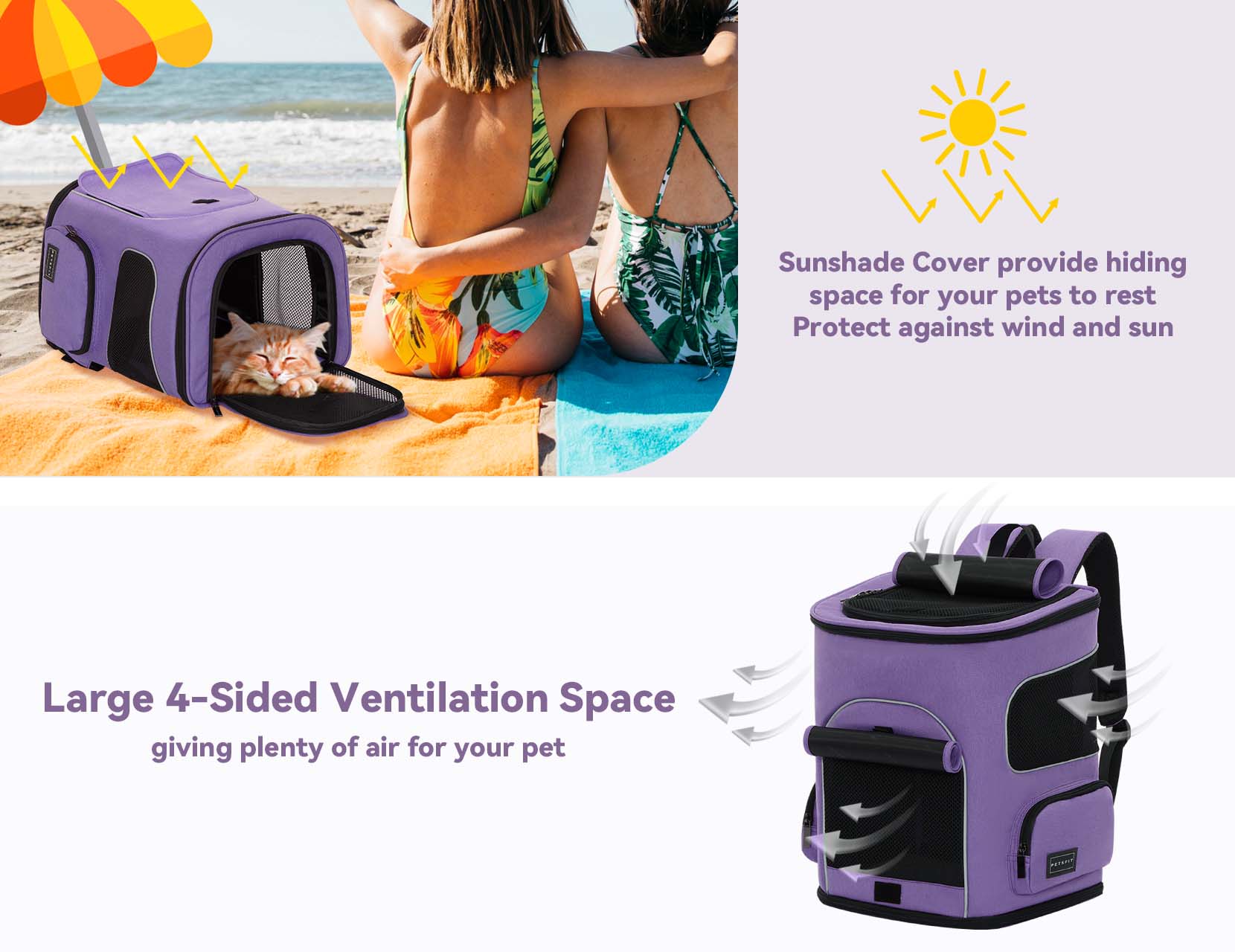 PETSFIT Cat Backpack Carrier with Upgraded Waist Protection,Pet Backpack for Small Dogs and Cats, Ideal for Outdoor Traveling, Hiking, and Camping (Purple)