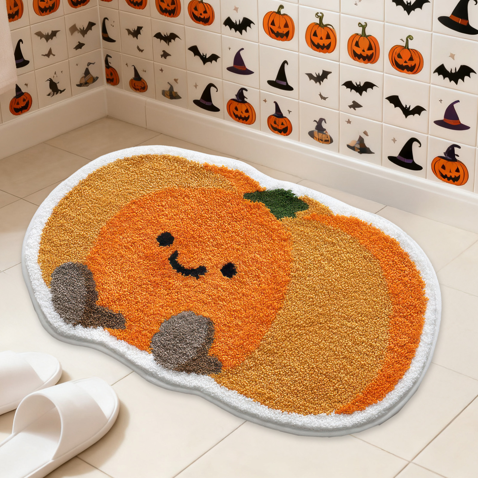 Sanmadrola Halloween Bath Rugs Mat Halloween Decoration Indoor Bath Mat Non Slip Bathroom Shower Rugs Pumpkin Shape Super Absorbent Machine Washable 24''x24''