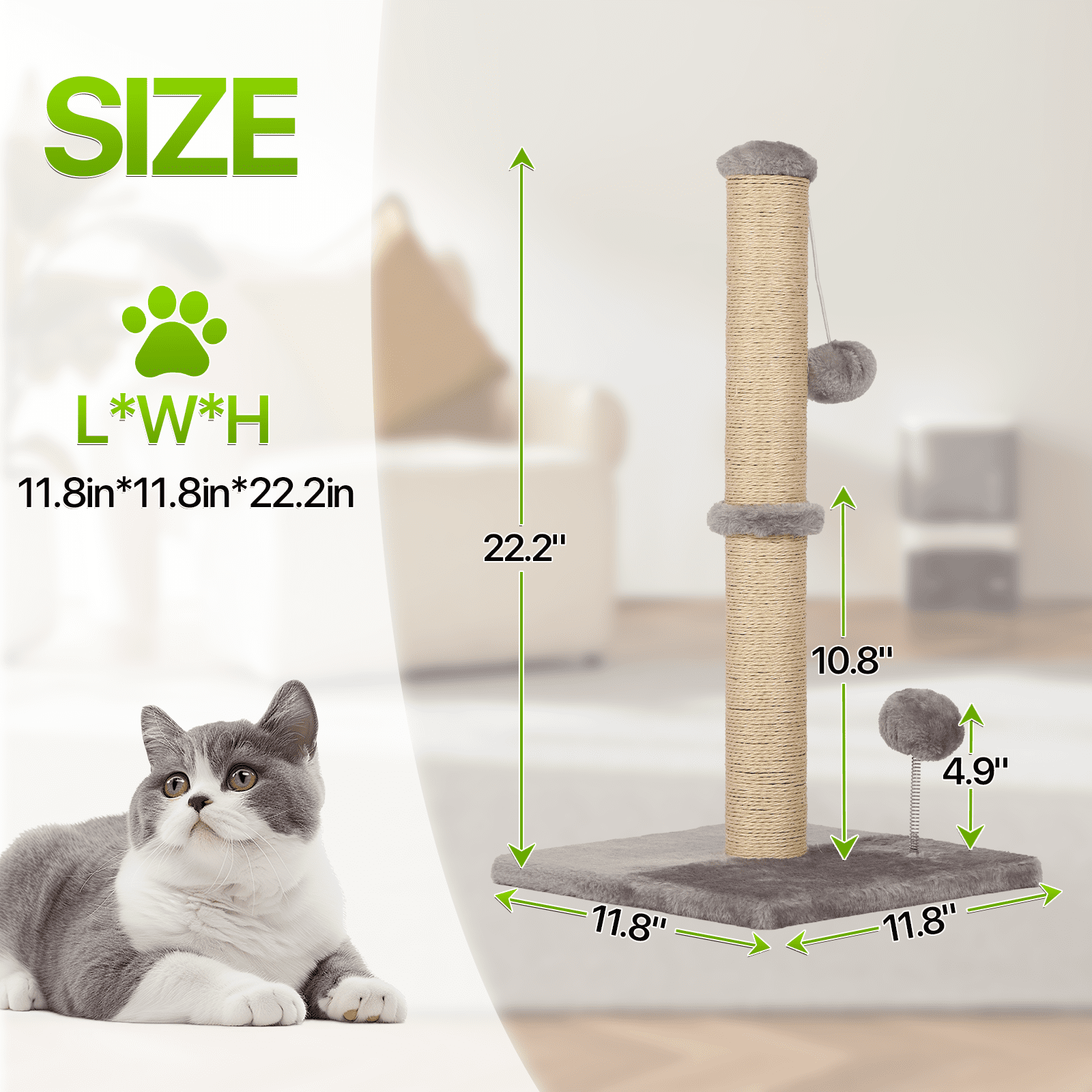 Dkelincs Cat Scratching Post with Sisal & Spring Ball Toy 22" Tall Cat Scratcher for Indoor Cats/Kittens Natural Sisal Scratch Post Trees for Living Room Bedroom, Light Gray