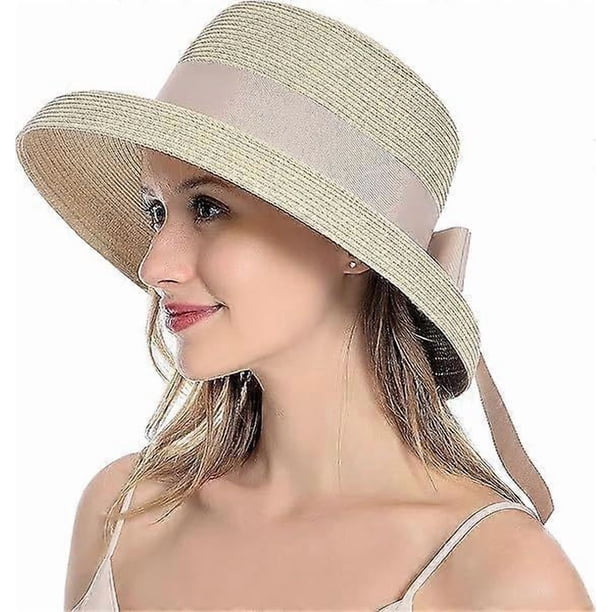 Womens Sun Straw Hat Summer UV Protection Travel Foldable Brim Bucket Hat Vintage Cloche Beach Fishing Cap