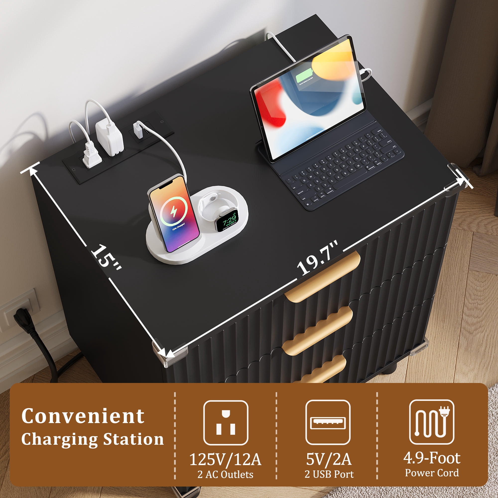 Aufeile Nightstand&nbsp;with Charging Station, 3 Drawer&nbsp;Nightstand for Bedroom, Fluted&nbsp;Bedside Table&nbsp;with USB Ports, Modern Wood&nbsp;Bedroom Side Table&nbsp;with Drawers, Black