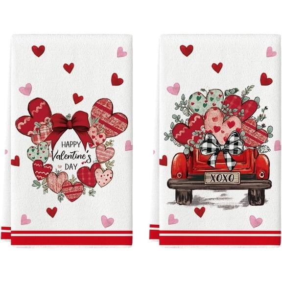 Garland of Love Heart Truck Valentine''s Day Kitchen Towels Dish Towels, 18x26 Inch Anniversary Wedding Decoration Hand Towels Set of 2