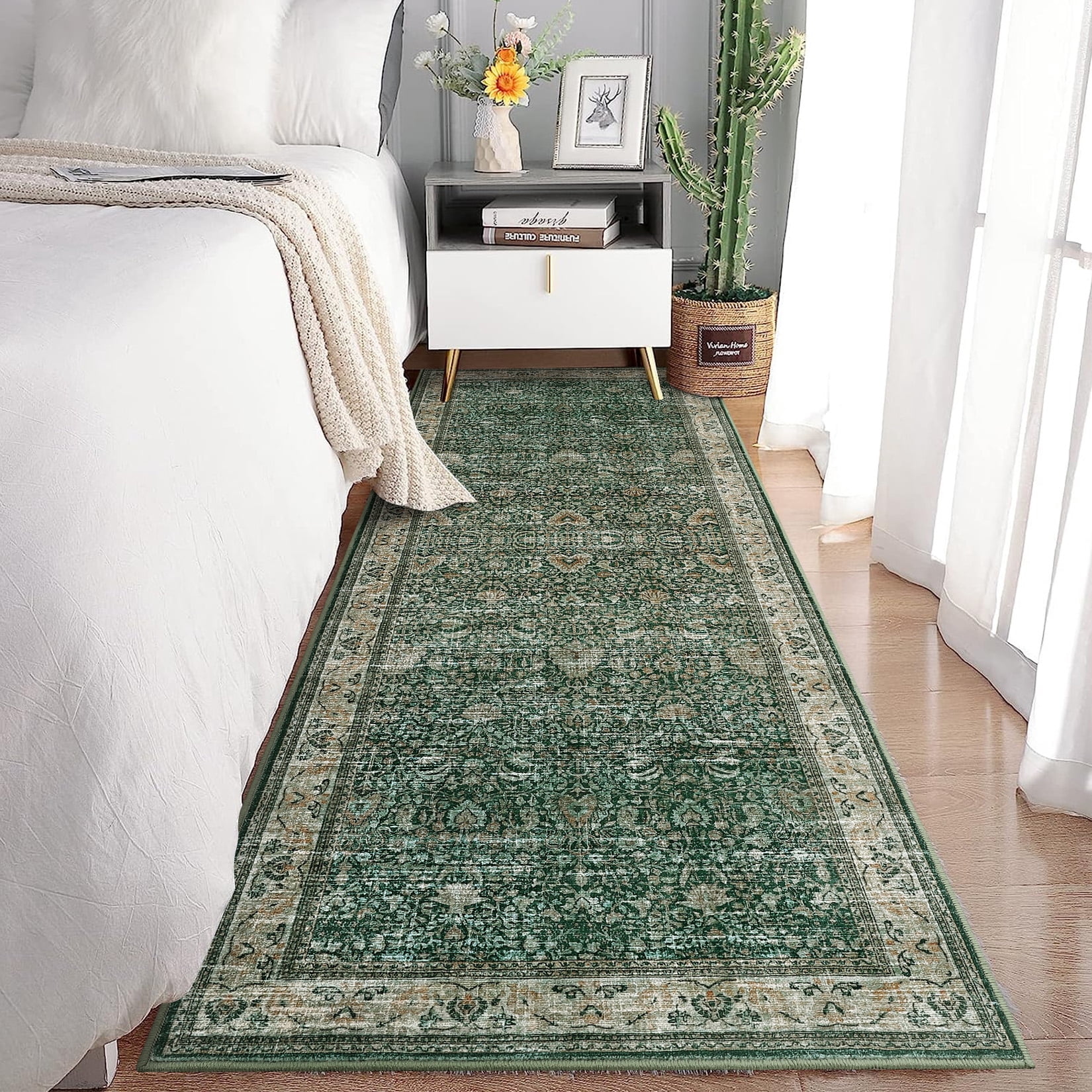 Washable Runner Rugs, Green 2'X6' Antique Distressed Long Rug, Modern Non Slip Stain Resistant Vintage Print Accent Carpet Floor Mat for Living Room Bedroom Dining Office Farmhouse Hallway Entryway