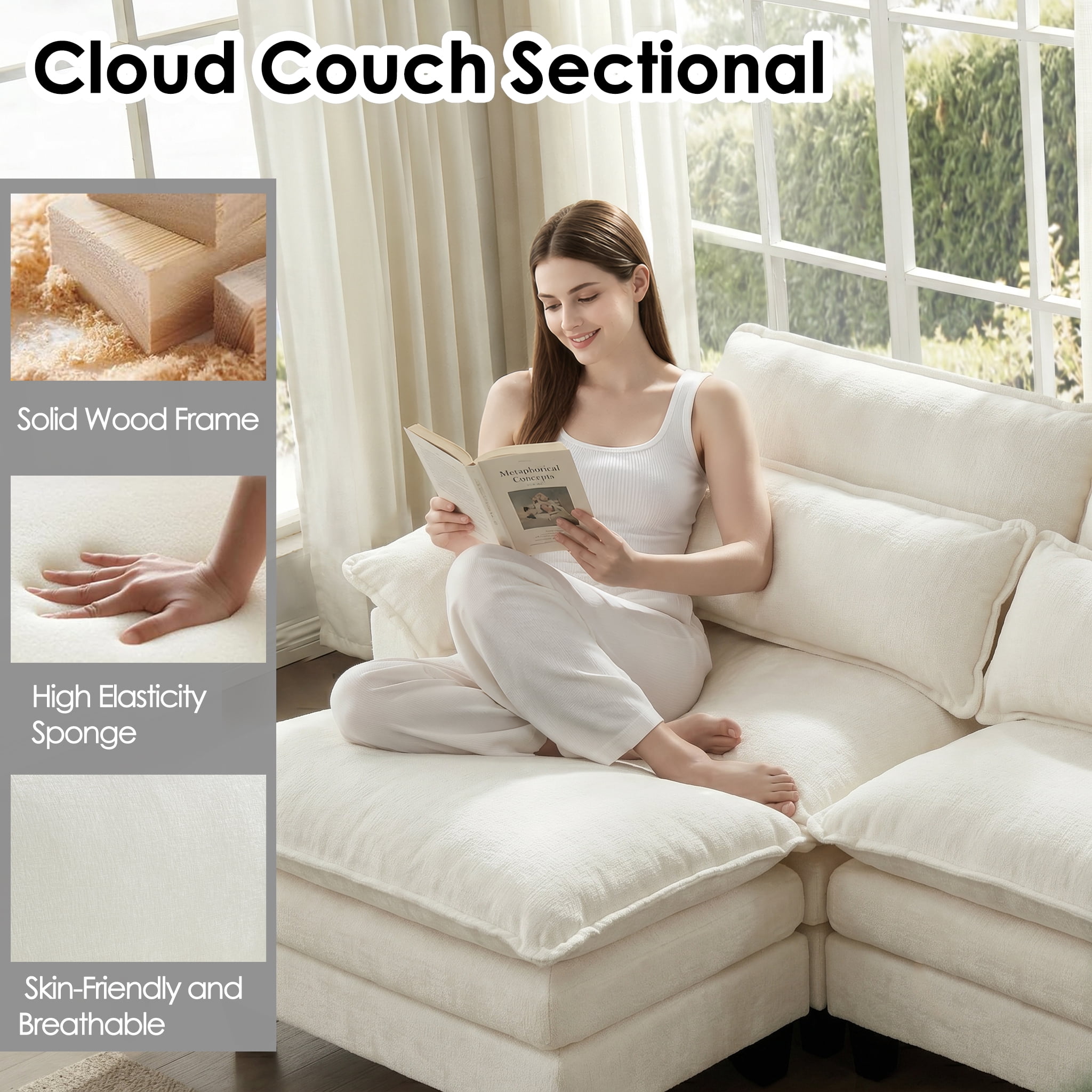AISWORD 157" U Shaped Cloud Couch Sectional, Oversized Modular Sofa with USB Charging, Hidden Storage, Cup Holders & Double Chaise for Living Room, Beige